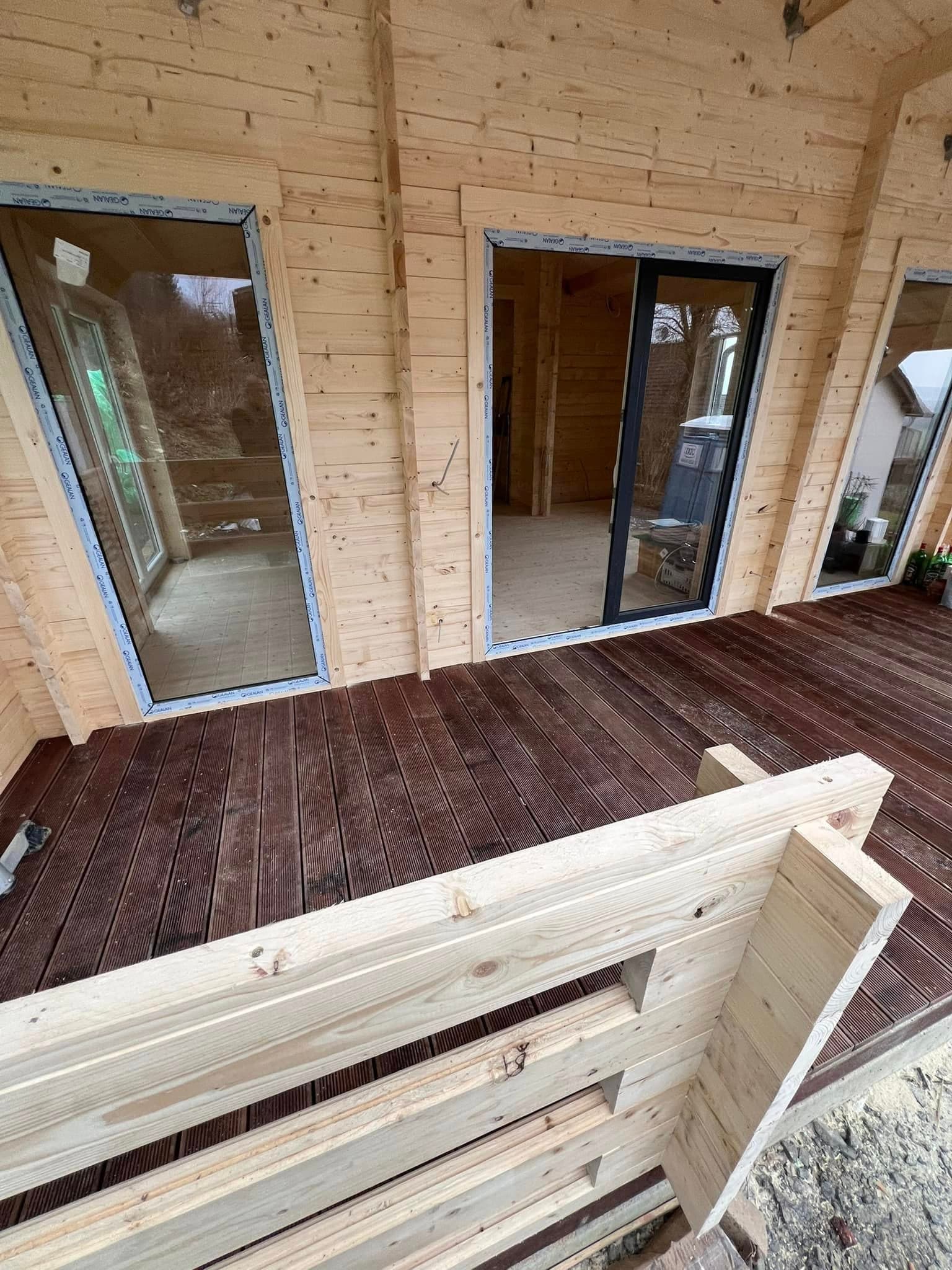 Log cabin exterior with covered veranda