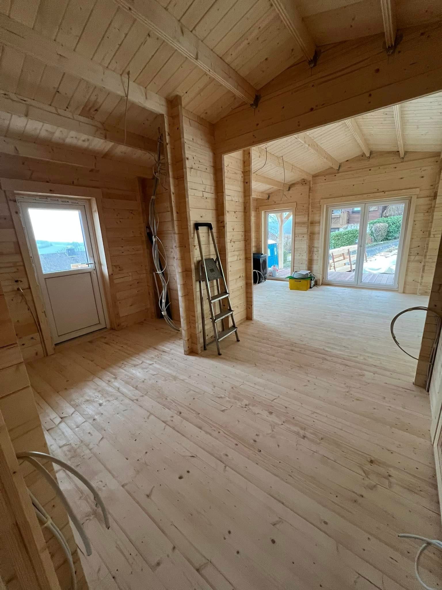 Log cabin exterior with covered veranda