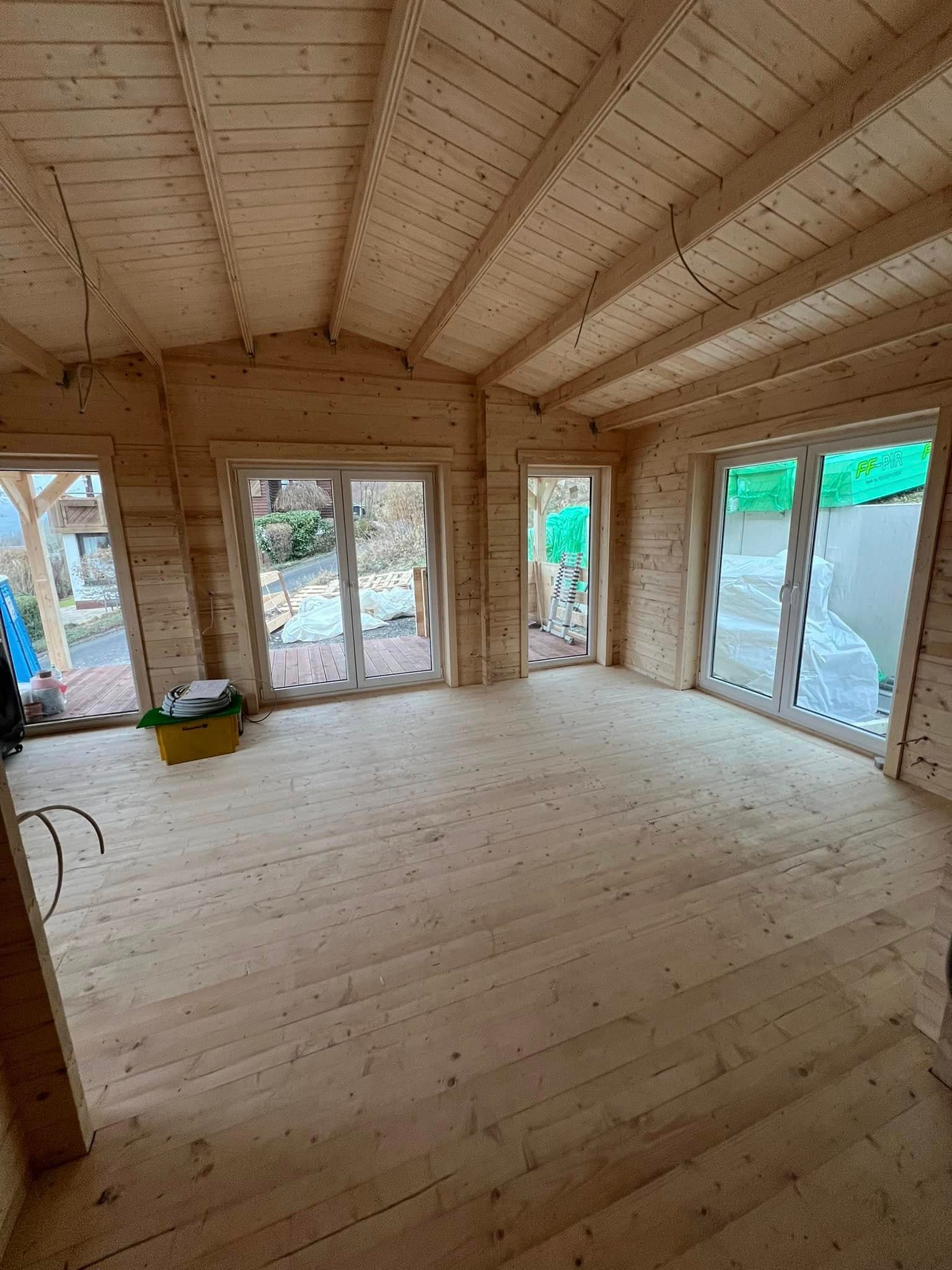 Timber log cabin porch and decking